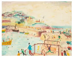 Cornish harbour by Simeon Stafford, oil on board, sold Mar 2026