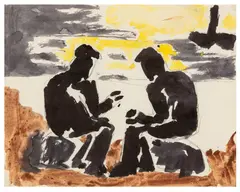Figures by the Sea watercolour and pen & ink Executed circa 1981 Dimensions:20.3 x 25.4 cm by Josef Herman, watercolour and pen, sold Mar 2026