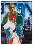 Patriot with a pitbull and a caged bird by Marcus Harvey, watercolour, offered Mar 2026