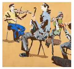 London Philharmonic Orchestra in rehearsal by Patrick Procktor, 1982, oil on board, sold Mar 2026