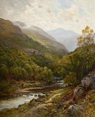 Glen falloch, fisherman beside a highland stream by Alfred Augustus Glendening, Sr., Oil on canvas, sold Jun 2025