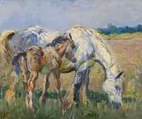 Mare and foal in a landscape by Gilbert Joseph Holiday, Oil on canvas-board, sold Jun 2025