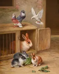 Rabbits and pigeons by Edgar Hunt, Oil on board, sold Jun 2025