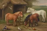 Ponies and pigeons by a stall by Edgar Hunt, Oil on canvas laid to board, sold Jun 2025