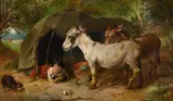 A gypsy girl with donkies and a puppy by Walter Hunt, Oil on board, sold Jun 2025