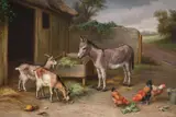 Donkey, goats and chickens in a farmyard by Edgar Hunt, Oil on canvas, sold Jun 2025