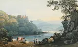 Berry pomeroy castle above the river dart by John Varley, Pencil and watercolour, sold Jun 2025