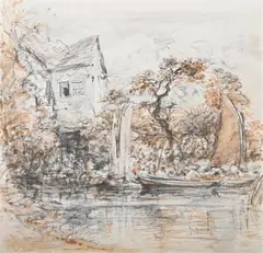 Boats by a mill by John Linnell, Pencil and sepia wash, sold Jun 2025