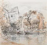 Boats by a mill by John Linnell, Pencil and sepia wash, sold Jun 2025