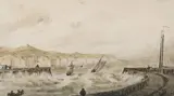 Shore scene with shipping at a jetty by Agostino Aglio, Pencil and watercolour, sold Jun 2025