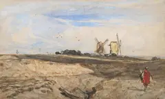 Windmills and a figure in an extensive landscape by John Sell Cotman, Pencil and watercolour, sold Jun 2025