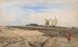 Windmills and a figure in an extensive landscape by John Sell Cotman, Pencil and watercolour, sold Jun 2025