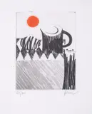 Stone by Mary Fedden, Etching with aquatint and extensive hand-colouring in red gouache, circa, sold Jun 2025