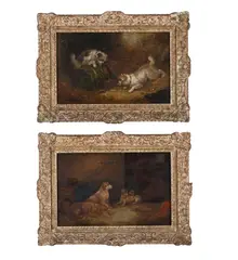 Terriers playing with a barrel; dogs in a stable by George Armfield, Oil on panel, a pair Both signed, sold May 2025