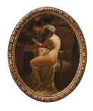 Model, sitting nude by Emile Baes, Oil on canvas, oval, offered May 2025