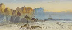 Rocky coastal view with ships by Edwin Earp, watercolour, offered Feb 2026
