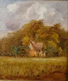 Country cottage amongst trees by Thomas Churchyard, oil on board, sold Jan 2026