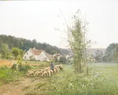 A shepherd and his flock on a lane by Auguste Prévot-Valéri, oil on canvas, sold Jan 2026