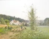 A shepherd and his flock on a lane by Auguste Prévot-Valéri, oil on canvas, sold Jan 2026