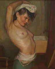 Half length study of a semi nude woman by Constance Louise Fiddler, oil on canvas, sold Jan 2026