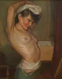 Half length study of a semi nude woman by Constance Louise Fiddler, oil on canvas, sold Jan 2026