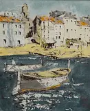 Harbour view with moored boats by Bernard Dufour, oil on board, sold Jan 2026