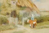 Girl and a calf before a thatched cottage by Arthur Claude Strachan, watercolour, sold Jan 2026