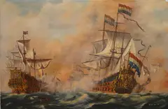 The Four Days Battle between English and Dutch, 1666 by Donald Ayres, oil on canvas, sold Jan 2026