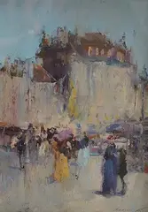French Street scene with figures by Ken Moroney, oil on canvas, sold Jan 2026