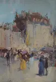 French Street scene with figures by Ken Moroney, oil on canvas, sold Jan 2026