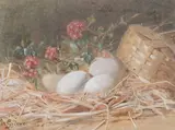 Still life of eggs and flowers by M. Grieve, watercolour, sold Jan 2026