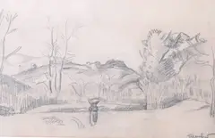 A figure in a landscape by Jean Marchand, charcoal on paper, sold Jan 2026