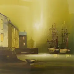 Docklands view at dusk by Barry Hilton, oil, sold Jan 2026