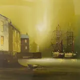Docklands view at dusk by Barry Hilton, oil, sold Jan 2026