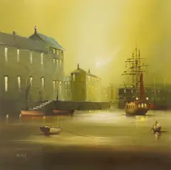 Docklands view at dusk by Barry Hilton, oil, sold Jan 2026