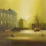 Docklands view at dusk by Barry Hilton, oil, sold Jan 2026