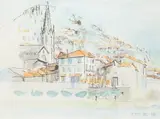 St Antonin, Tarn, France by Linda Kitson, ink and watercolour, offered Dec 2025