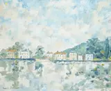 Harbour view with houses by David Stileman, 1970, oil on canvas, offered Dec 2025