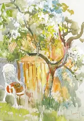 Garden scene by John Livesey, watercolour, offered Dec 2025