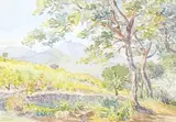 Trees beside a pond in a landscape by Jean Vassal, watercolour, offered Dec 2025