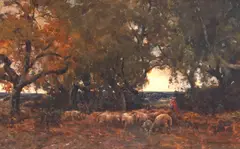 Normandy Landscape with Shepherd and Sheep by Claude Hayes, oil on canvas, sold Dec 2025