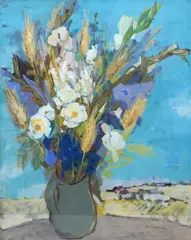 A still life study of flowers in a vase by Pierre Jérôme, mixed media on paper, sold Dec 2025