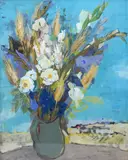 A still life study of flowers in a vase by Pierre Jérôme, mixed media on paper, sold Dec 2025