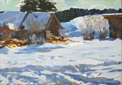 Dacha in Winter by Yuri Matushevski, oil on board, sold Dec 2025