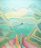 Surreal landscape with two figures by Andrew Chrysafi, oil on canvas, sold Dec 2025