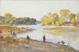 Riverscape with anglers by Stepan Lvovich Koshevoi, oil on board, offered Dec 2025