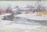 Snowy riverscape by Stepan Lvovich Koshevoi, oil on board, sold Dec 2025