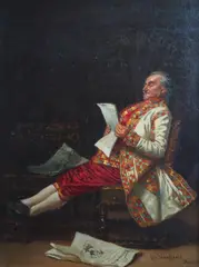 Interior scene with gentleman reading a newspaper by Edwin Blashfield, oil on canvas, sold Dec 2025