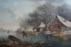 A Winter landscape with figures skating on a frozen canal by Fredericus Theodorus Renard, oil on panel, sold Dec 2025
