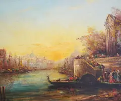 Venetian canal with gondola by Alfred August Bachmann, oil on canvas, sold Dec 2025